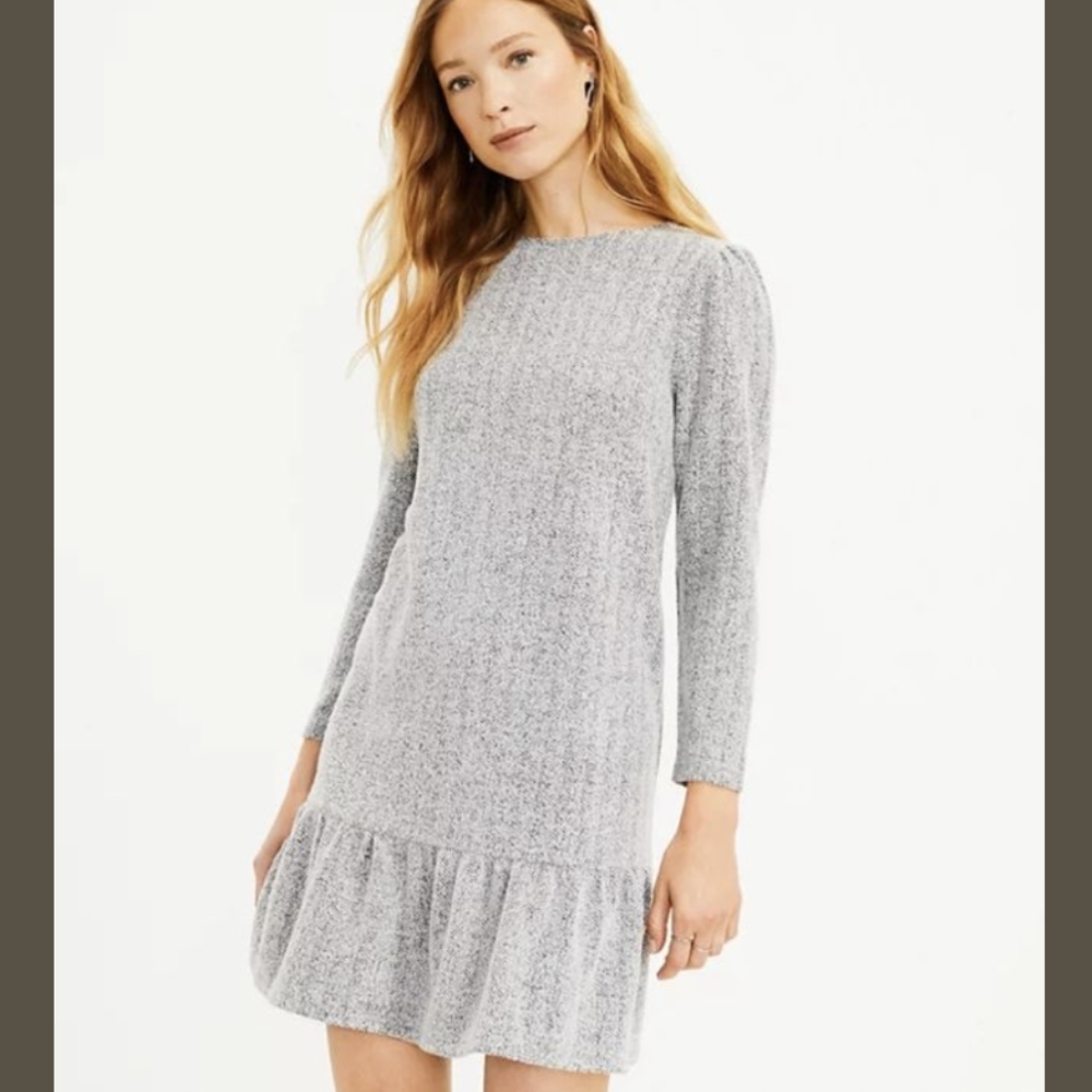 LOFT Herringbone Flounce Long Sleeve Gray White Black Dress Size XLarge